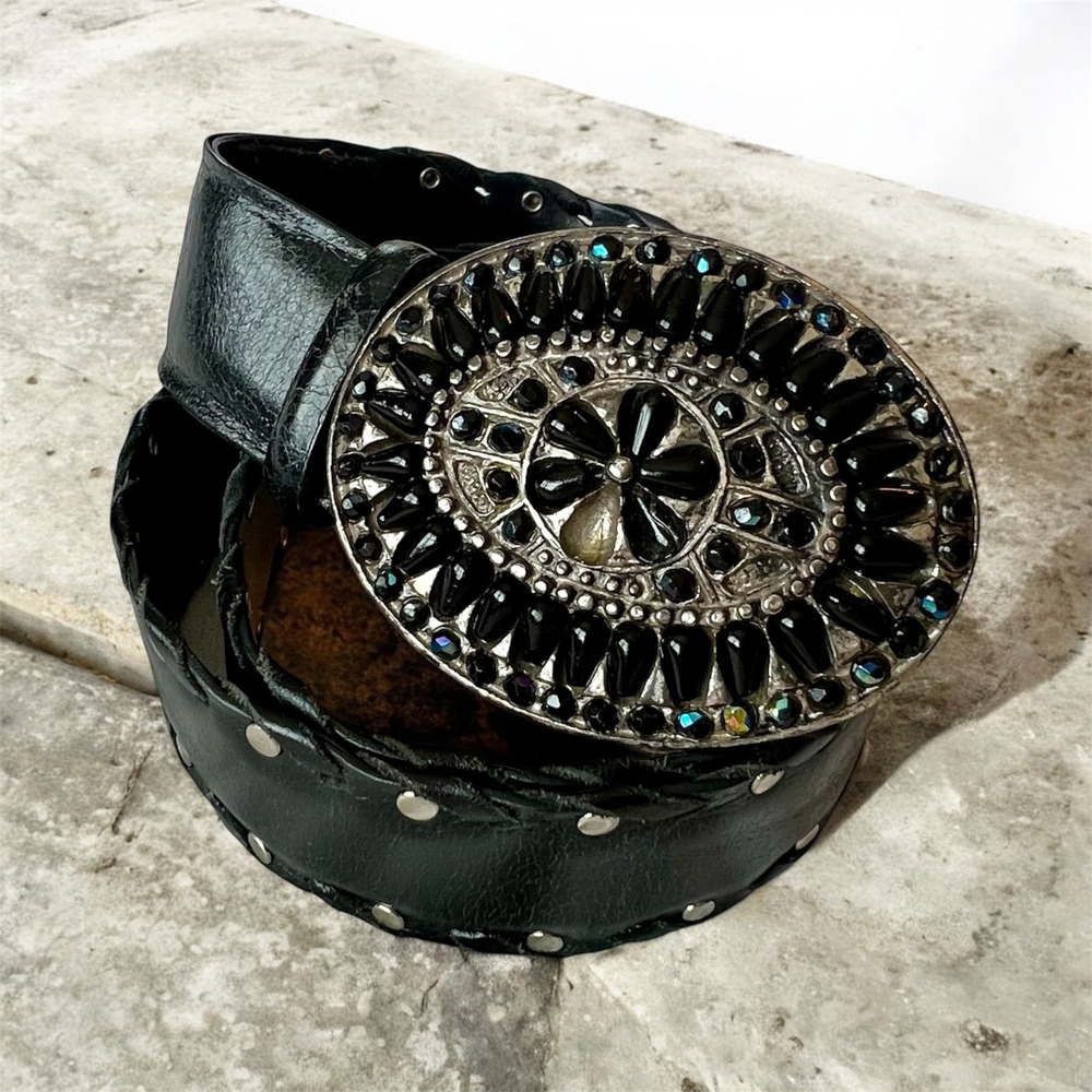 Richard‎ Gampel Black Leather Studded Belt Oversized Jeweled Buckle Size 80/32